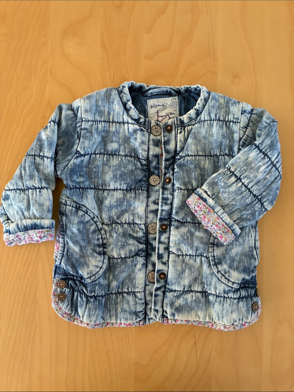 Blue Quilted acid-wash Puffer Jacket with Floral Trim - super cute